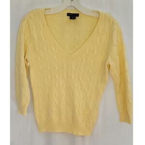 New York & Company Yellow Cable Knit V-Neck Sweater 3/4 Sleeve Pullover Petite S